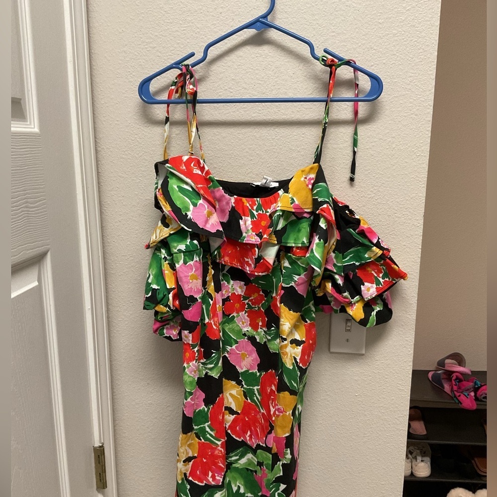 NWT Topshop Floral Bardot Mini Dress Cotton Blend Bold Ruffle Off Shoulder - Picture 4 of 7